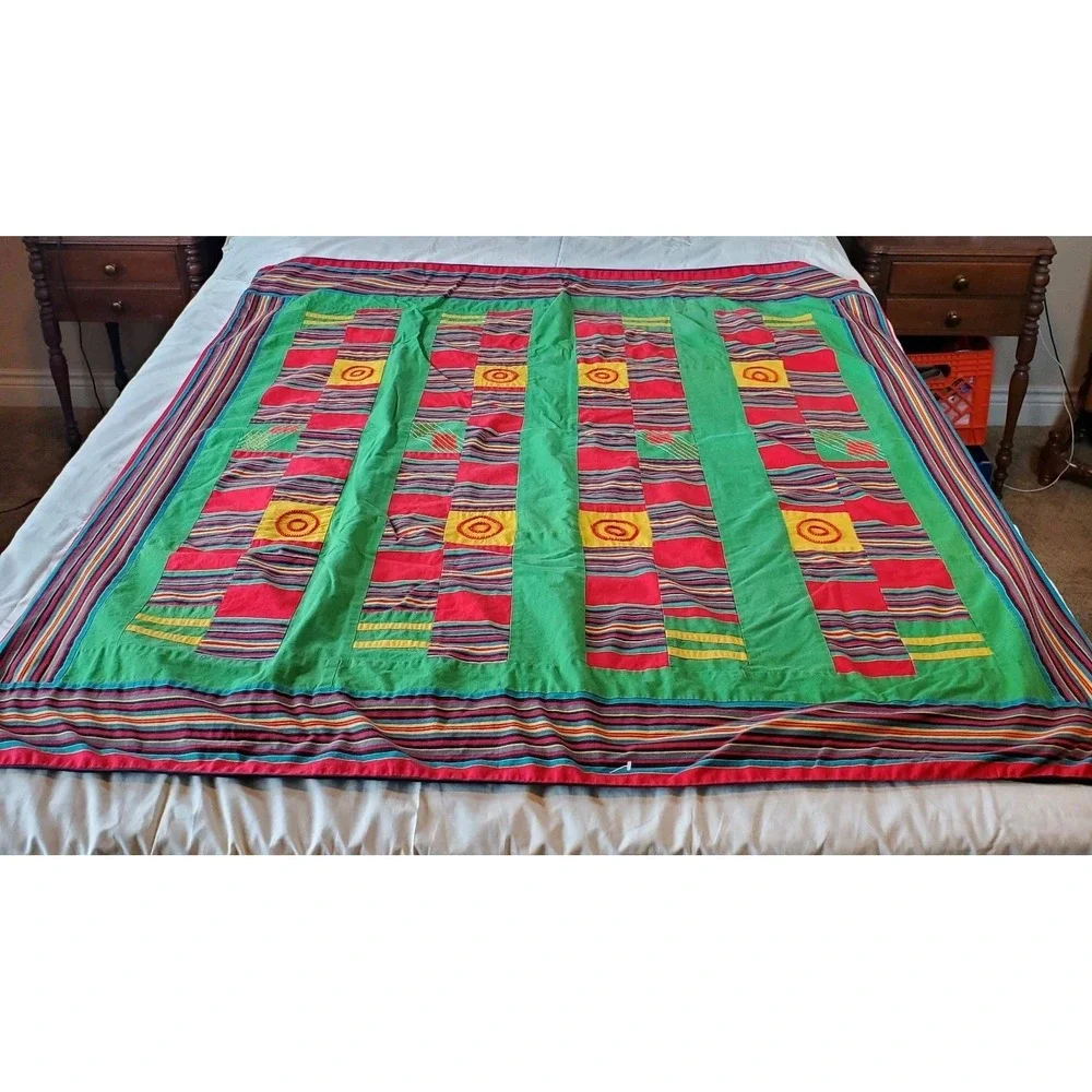 Block Square‎ Quilt Colorful Homemade 55X50 Patchwork Beading Africa Vibes
